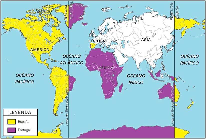 1494 Tordesillas Antlaşması ile dünyada İspanya (sarı) ve Portekiz’in (mor) etki alanlarının paylaşımını gösteren harita.