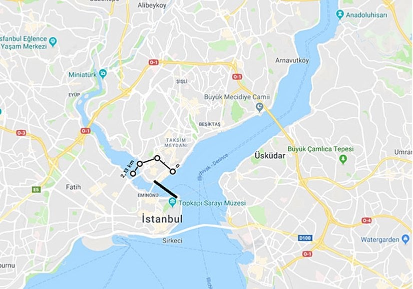 Haliç'e vurulan zincirler kalın çizgiyle, Tophane'den Haliç'e yürütüldüğü düşünülen gemi hattı ince çizgiyle gösterilmiştir.