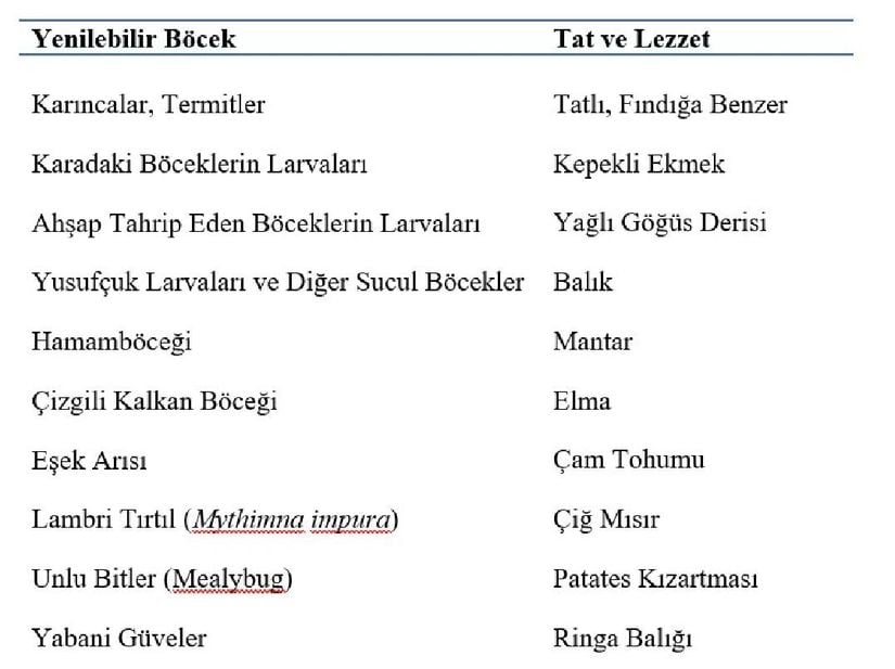 Bazı böcek türlerinin tadının diğer besinlerle lezzet benzerliği (Seval Akgün tarafından Türkçe'ye çevrilmiştir. )