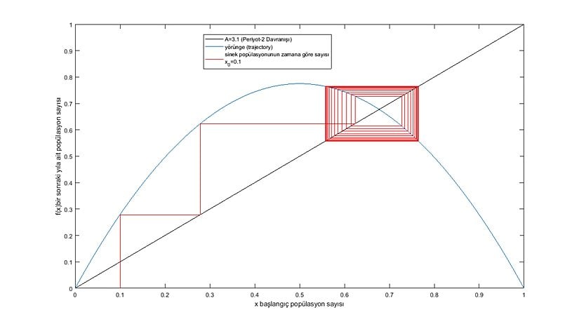 Sinek Popülasyonunun Zamana Göre Sayısı ve Periyot-2 Davranışı (Grafik-6)