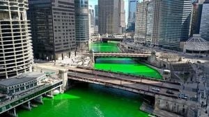 Chicago River Drenched In Green For St. Patrick's Day Celebrations