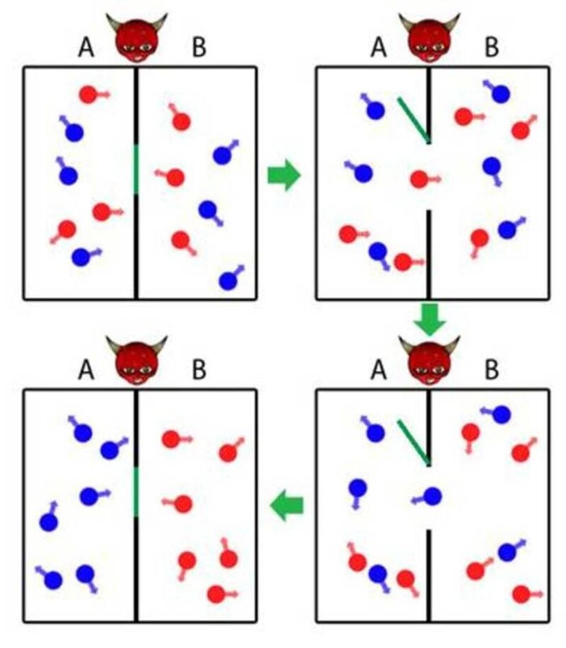 Görsel 1: Hayali bir cin, odacıkları birbirinden ayıran duvarın herhangi bir yerinde ve herhangi bir anda bir kapı açarak bir odacıktan diğerine gaz moleküllerinin geçişini sağlıyor. Cin bu şekilde bahsedilen hayali duvarın üzerinde kapılar açıp kapayarak odacıklardan birine göreli olarak daha sıcak olan (kinetik enerjisi daha yüksek olan) gaz moleküllerini toplarken diğer odacığada de göreli olarak daha soğuk (kinetik enerjisi daha düşük) olan gaz moleküllerini topluyor.