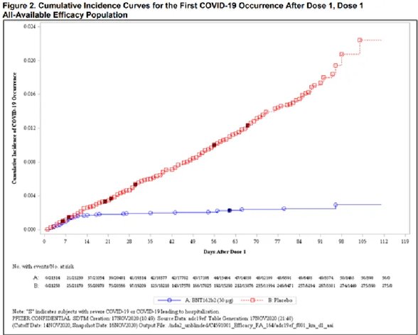 Yukarıdaki deneyin plasebo ve aşı gruplarındaki etkisi, aşılanmışlar mavi, plasebo grubu kırmızı çizgi ile gösteriliyor.
