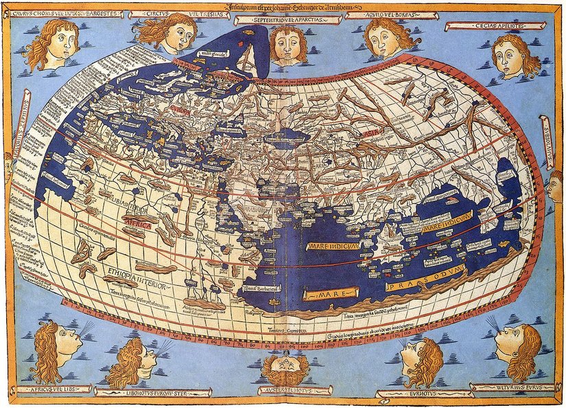 1482'de yeniden inşa edilen Ptolemy'nin Dünya haritası, zamanın mappaemundi ile karşılaştırıldığında dünya hakkında çok daha doğru bir görüş ortaya koydu . Avrupa kıtası ve Akdeniz kıyıları açıkça tanınabilir.