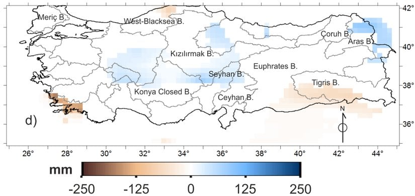 Şekil 3. 1979-2010 tarihleri arasında yıllık toplam yüzey suyu miktarındaki değişim miktarının dağılımı. Haritada mavi/kahverengi renk tonlarındaki gridler ECMWF’nin Interim/Land veri setine göre en az %90 güven aralığında önemli derecede yüzey suyu artışı/azalışı olan yerleri ve artış miktarını gösterirken, beyaz gridler ise istatistiksel olarak önemli derecede yüzey suyu değişimi gözlenmeyen yerleri göstermektedir.