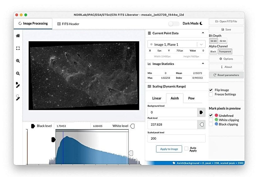 Bu görsel, Yaratılış Sütunları’nın ham siyah-beyaz görüntüsünü ve histogramı içeriyor, görüntü işleme ile karanlık pikseller aydınlatılarak detaylar ön plana çıkarılıyor.