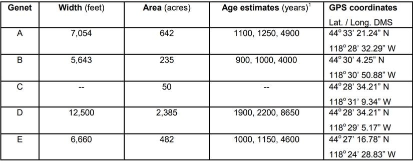 Bölgede tespit edilen Armillaria mantarlarının fit cinsinden genişlikleri (width), akre cinsinden alanları (area), yıl cinsinden tahmini yaşları (age estimates) ve GPS koordinatları.