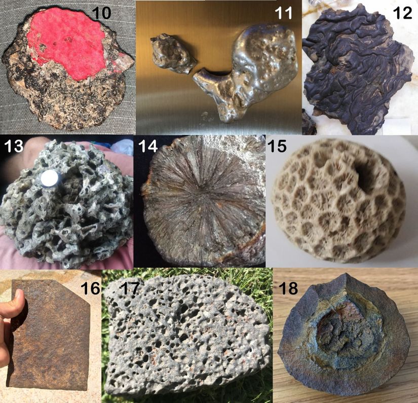 (10) Çok renkli, füzyon kabuğu yok; (11) Metal, ancak mıknatısı çekmiyor: erimiş bira veya soda kutusu; (12) Girdap özellikleri, füzyon kabuğu yok; (13) Yüzey çok pürüzlü, füzyon kabuğu yok; (14) Yayılma özelliği: yayılan pirit; (15) Küresel, geometrik desen, yüzey pürüzsüz değil: mercan?; (16) Düz hatlı geometrik şekil, füzyon kabuğu yok: kiremit?; (17) Veziküller, füzyon kabuğu yok; (18) Eşmerkezli ve küresel: bir tür betonlaşma olabilir.