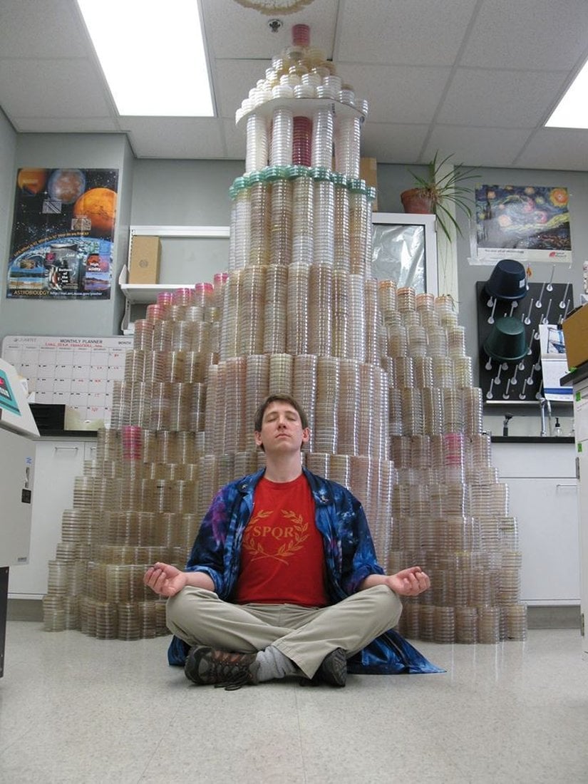 Lenski'nin öğrencisi Zachary Blount ve E. coli deneyinde kullanılan petri kaplarının bazıları...