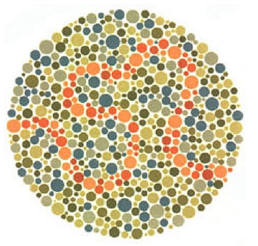 Plaka 33: Normal görüşlüler turuncu bir çizgi görürler, kırmızı-yeşil renk görüşü yetersizliği olanlar ya hiçbir şey göremezler ya da hatalı bir çizgi görürler.