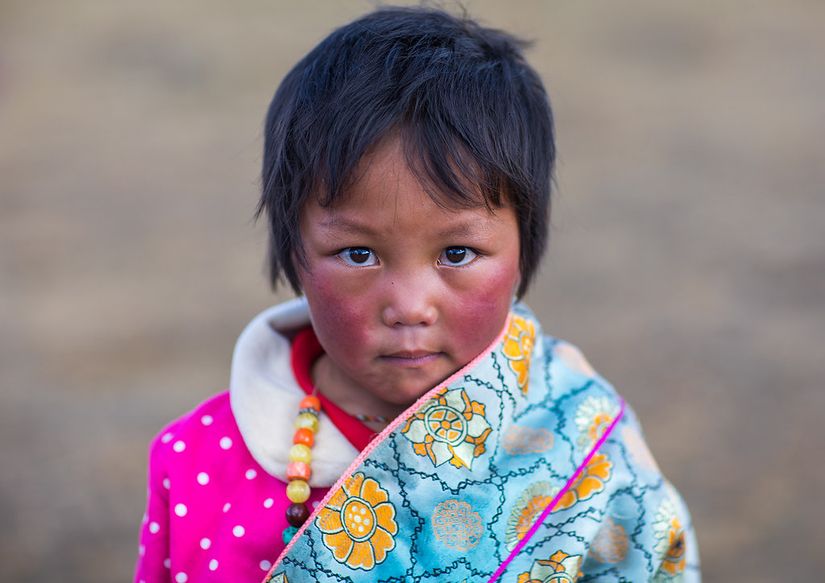 Sert hava koşulları nedeniyle yanakları kızarmış Tibetli göçebe kız.