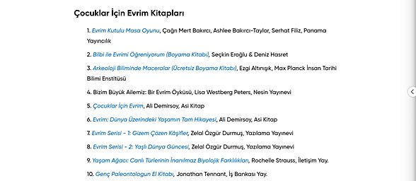 Evrim Ağacı'nın çocuklar için hazırladığı liste.