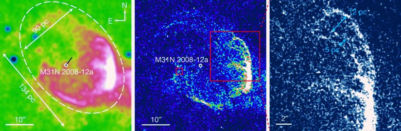 M31N 2008-12a, Andromeda Galaksisi'nde yer alan bir tekrarlayan novadır. Periyodu en kısa olan novalardan birisidir ve yılda bir kez patlamaktadır. Liverpool Teleskobu (solda) ve Hubble Uzay Teleskobu'na (ortada ve sağda) ait fotoğraflarda M31N 2008-12a'nın geçirdiği nova patlamalarından geriye kalan oldukça büyük kalıntılar görülmektedir.