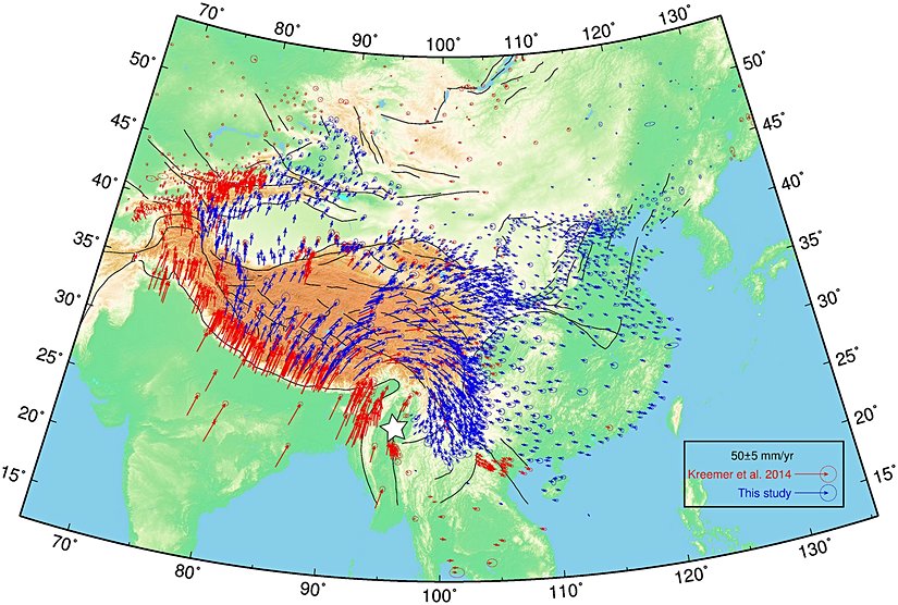 Güneydoğu Asya'nın GPS değişim hızı haritasıç Depremin merkez üssü beyaz yıldız ile gösterilmiş.