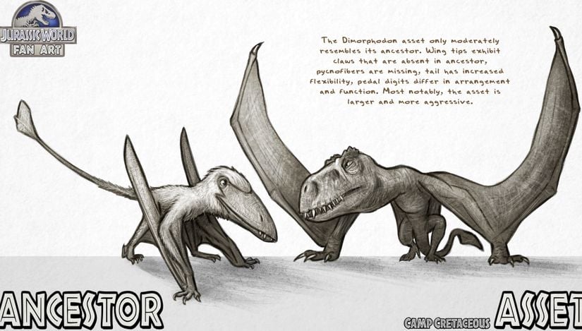 Gerçekçi bir Dimorphodon çizimi (sol) ile Jurassic World'deki Dimorphodon tasarımı (sağ)