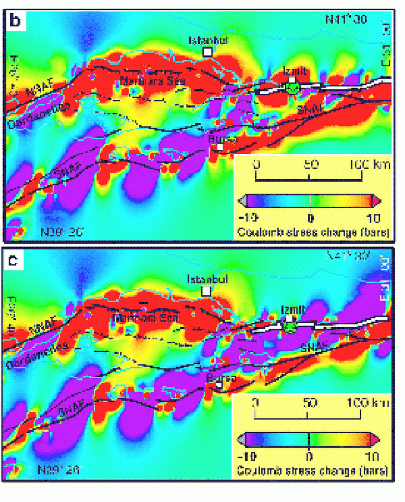 Marmara Denizi segmenti ve etrafında biriken enerji miktarı. İstanbul'un doğrudan kırmızı tehlike ve stres bölgesi içerisinde kaldığına dikkat ediniz.