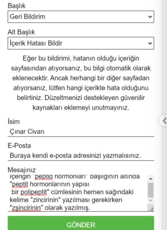 Evrim Ağacı makalesi içindeki "bize ulaş" seçeneğindeki "geri bildirim" başlığı ve "içerik hatası bildir" alt başlığının seçeneklerini gösteren bir örnek görsel.