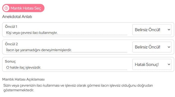 Bu örneğimizi mantık hatası paneline taşıdığımızda böyle bir ekran oluşacaktır. Kişinin vardığı sonucu ve buna götüren adımları (öncülleri) yazdık. 1. ve 2. öncüllerin doğruluk değerlerini bilmediğimiz için belirsiz öncül, bu öncüllerden bu sonuca varmak hata olduğu için sonucu da hatalı sonuç olarak seçtik. Mantık hatasının neden mantık hatası olduğunu açıklayacak kısa bir bilgi yazdık (bunu uzatabilirsiniz), raporumuzu gönderebiliriz.