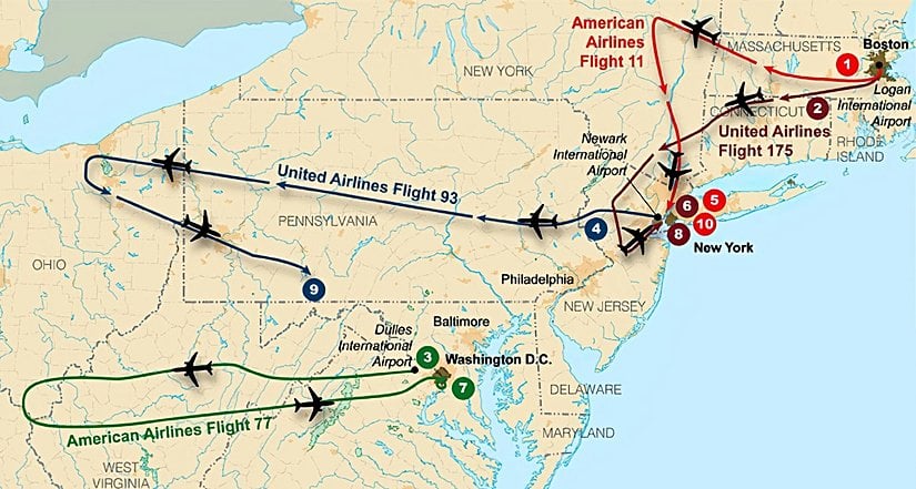 11 Eylül saldırısı sırasında kaçırılan uçakların izlediği yol haritası.