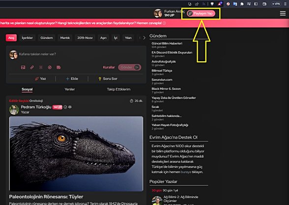 Sitenin neresinde olursanız olun sağ üst kısımdan "Paylaşım Yap" butonuna basarak komünite paylaşım aracını açabilirsiniz.
