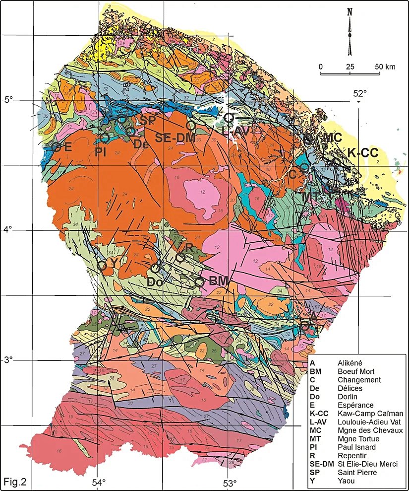 Geological map of the gold deposits in French Guiana