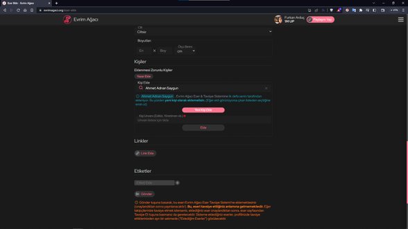İmleçle başka bir yere tıklarsanız da böyle bir ekran sizi karşılıyor. Burada da şu yazıyor: "Ahmet Adnan Saygun, Evrim Ağacı Eser & Tavsiye Sistemine ilk defa senin tarafından ekleniyor. Bu yüzden yeni kişi olarak eklemelisin. (Eğer ekli görünüyorsa çıkan listeden seçtiğine emin ol)"