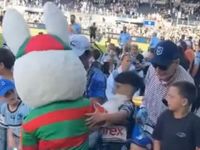 Watch: 81-year-old Rabbitohs mascot pushes young Sharks fan