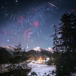 Gemini Meteors over Snow Capped Mountains