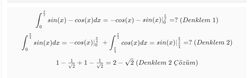 y=sinx ve y=cosx eğrileri ile x ekseni arasında kalan alanı, 0 ile π/2 aralığında hesaplayınız. Cevabı nedir?