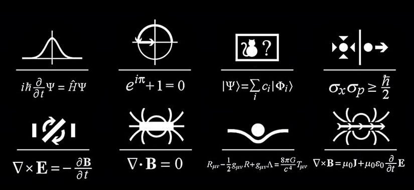 Bu görselde, Euler Denklemi'den Schrödinger'in Denklemi'ne, Görelilik Teorisi'nden Elektromanyetizma Teorisi'ne, Heisenberg'ün Belirsizlik İlkesi'ne kadar birçok farklı fiziksel ve matematiksel konsept, basit bir görselle anlatılmaktadır. Hepsini tanıyabilecek misiniz?