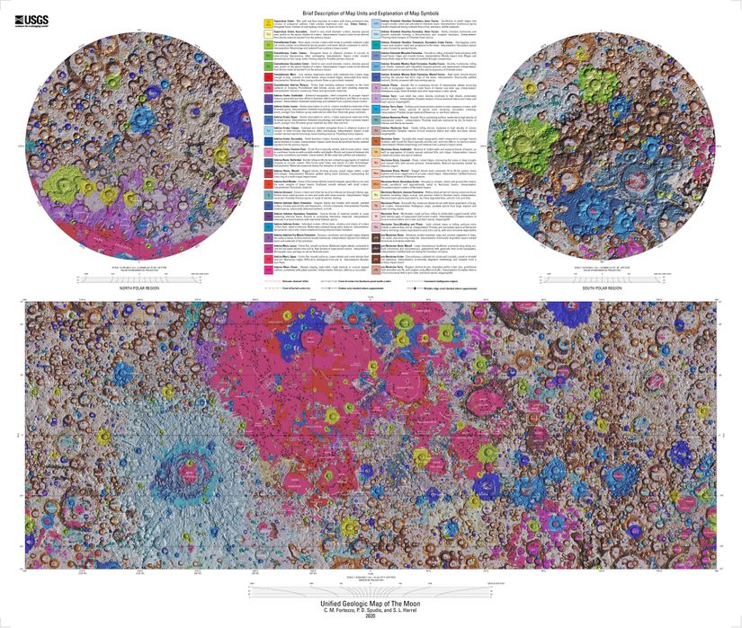 "Ay'ın Birleşik Jeolojik Haritası" (İng: "Unified Geologic Map of the Moon") olarak adlandırılan ve ayın tüm yüzeyinin jeolojisini gösteren ortografik perspektifler.  Bu jeolojik harita, son uydu misyonlarından elde edilen verilere dayanarak güncellenen altı Apollo dönemine ait bölgesel jeolojik haritanın bir sentezi. Ay bilimi ve gelecek Ay misyonları için bir referans olarak kullanılacak. Dev boyda görüntülemek için görsel kaynağına (USGS üzerine) tıklayın.