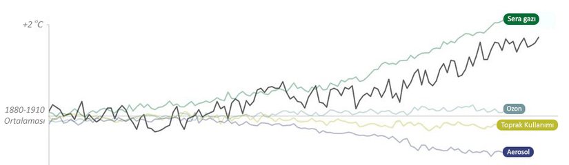 Görsel 2: İnsanın neden olduğu faktörlerden hangilerinin, küresel sıcaklık ortalamaları üzerine ne kadar etki ettiğine dair bir görsel. Aerosollerin küresel sıcaklıkları düşürdüğüne dikkat edin. Bu ilginç bir gerçektir; ancak bir yan etkisi, bu gazların asit yağmurlarını ciddi bir şekilde arttırmasıdır. Bu nedenle deodorantlar gibi ürünlerde kloroflorokarbonlar geçtiğimiz asrın sonlarında yasaklanmıştır