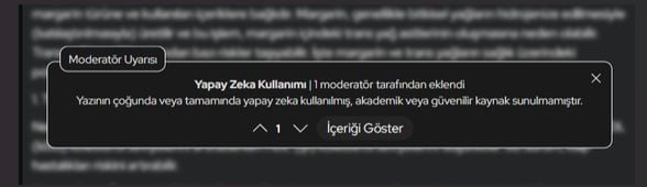Yapay Zeka kullanımı sonucunda alınmış bir moderatör uyarısı.