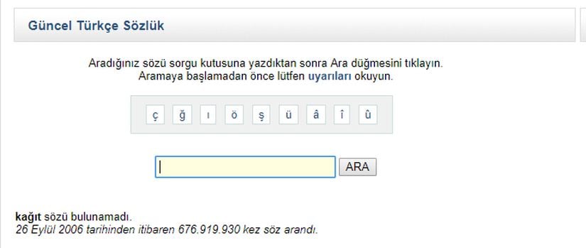 TDK'nin Güncel Sözlük'ünde "kağıt" sözcüğünü aratınca çıkan uyarı...