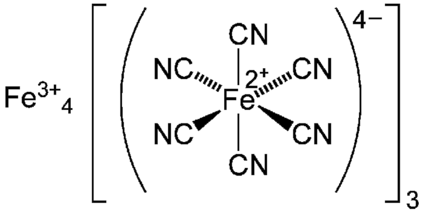 Kapalı formülü Fe4[Fe(CN)6]3 olan Prusya mavisinin gösterimi