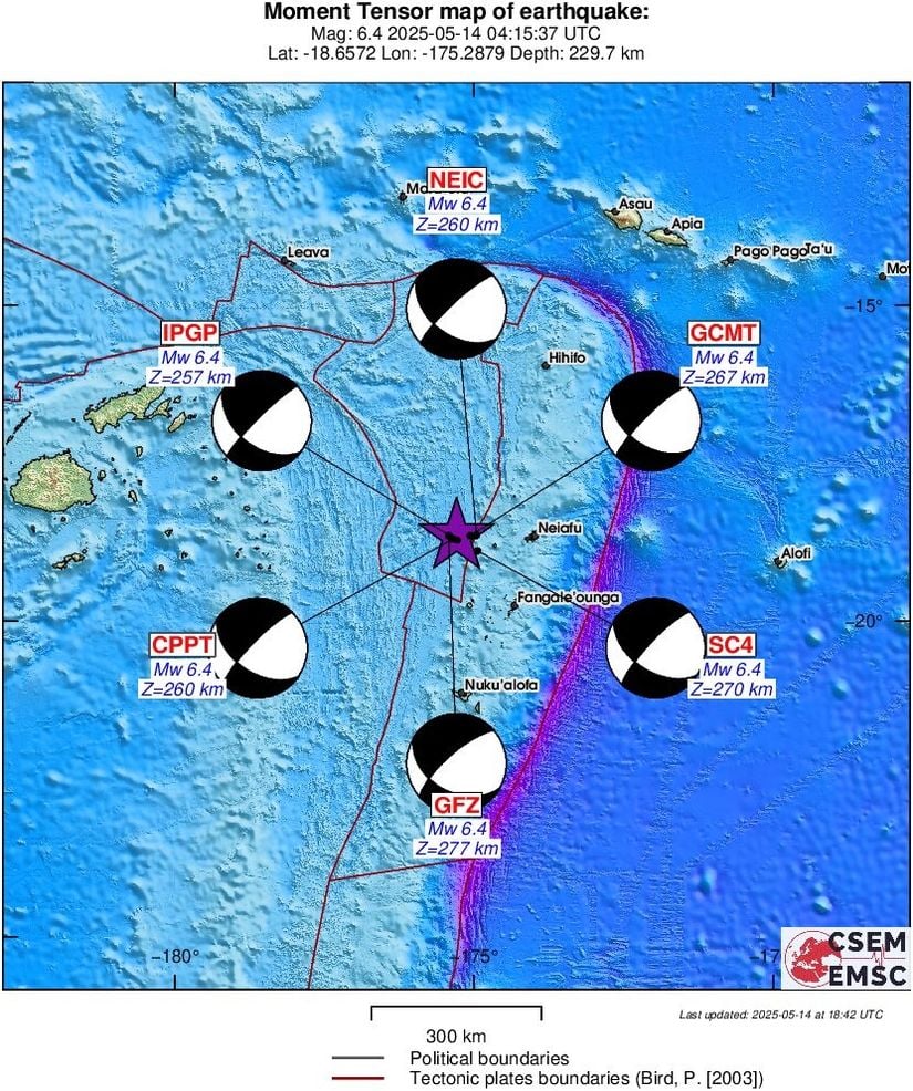 14 Mayıs Neiafu, Tonga depreminin merkez üssü ve fay mekanizması çözümleri.