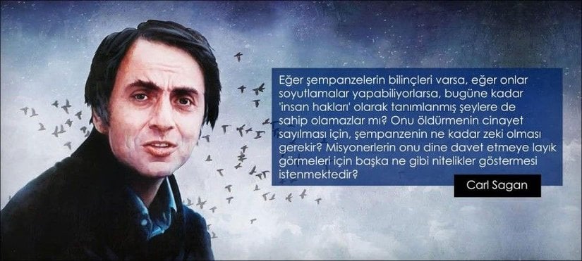 "Eğer şempanzelerin bilinçleri varsa, eğer onlar soyutlamalar yapabiliyorlarsa, bugüne kadar 'insan hakları' olarak tanımlanmış şeylere de sahip olamazlar mı? Onu öldürmenin cinayet sayılması için, şempanzenin ne kadar zeki olması gerekir? Misyonerlerin onu dine davet etmeye layık görmeleri için başka ne gibi nitelikler göstermesi istenmektedir?"  Carl Sagan