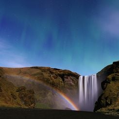 Waterfall, Moonbow, and Aurora from Iceland