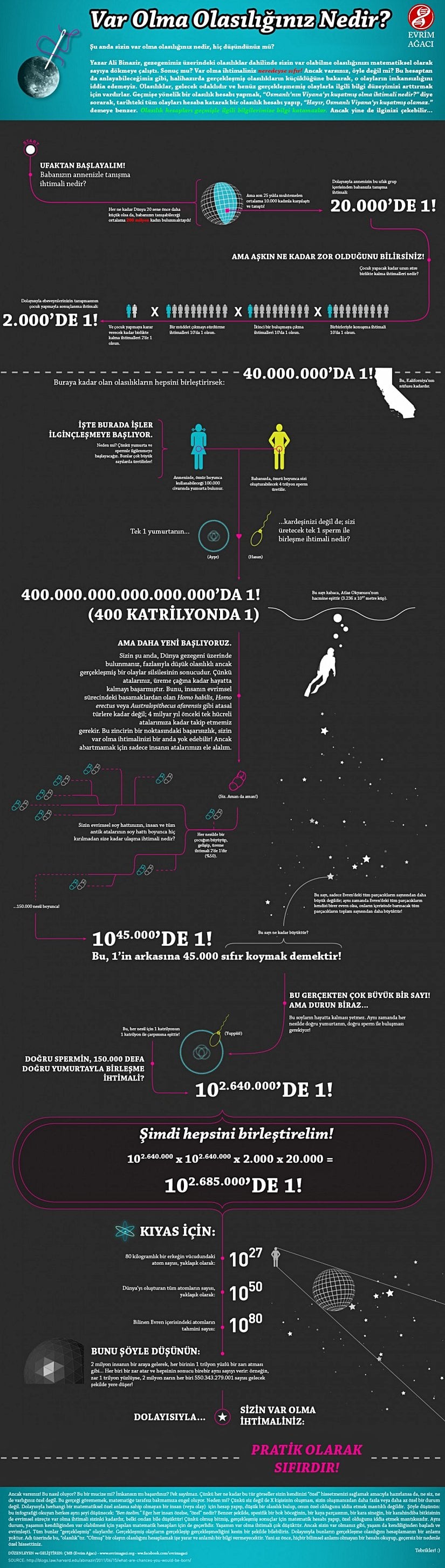 Bu infografiğin orijinalinde de, spesifik bir insanın var olma ihtimali için yapılan bir hesaplamadan yola çıkarak, her insanın bir