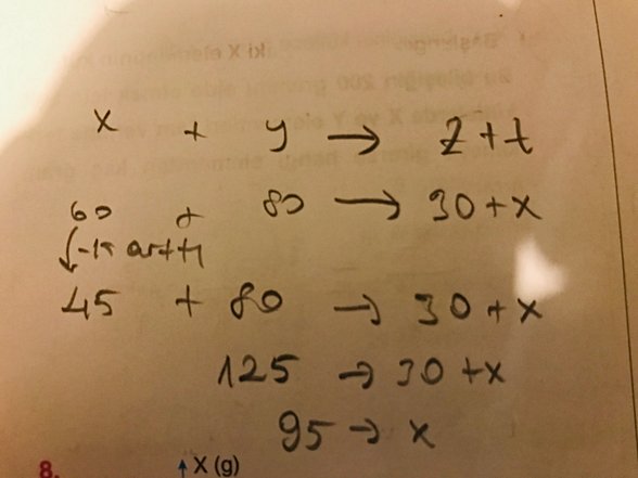 ilk önce tepkimeye giren x ve y maddeleri var. Bu maddelerden x in 60 gr ve y nin 80 gr olduğunu biliyoruz. İki madde birleşerek z ve t ürünlerini oluşturmuş. Ancak bu etkileşim gerçekleşirken x maddesinin 15 gr arttığını söylüyor. Bu da x ten 15 gr kullanılmadığını ve haliyle işleme katılmaması gerektiğini belirtiyor. Y de ise böyle bir bilgi yok o yüzden onun tamamının kullanıldığını düşünmemiz lazım eğer soruyu cevaplamak istiyorsak. Sonuç olarak 30 gr z maddesi ve (t yi sorduğu için ona şimdilik değer verelim.) a gram t maddesi oluşacağı için  ve kütlenin korunması için tepkimeye girenler ile  tepkime sonucunda oluşan ürünlerin kütlesi eşittir. (Bkz. Antoine Lavoisier'ın kütle korunum yasası). Kalanı ise basit bir denkleme dönüşüyor artık. Tepkimeye giren maddelerin toplam kütlesi 125 gr olur. Oluşan ürünler ise 30 + a gr olur. Buradan da sonucu 95 gr buluruz.