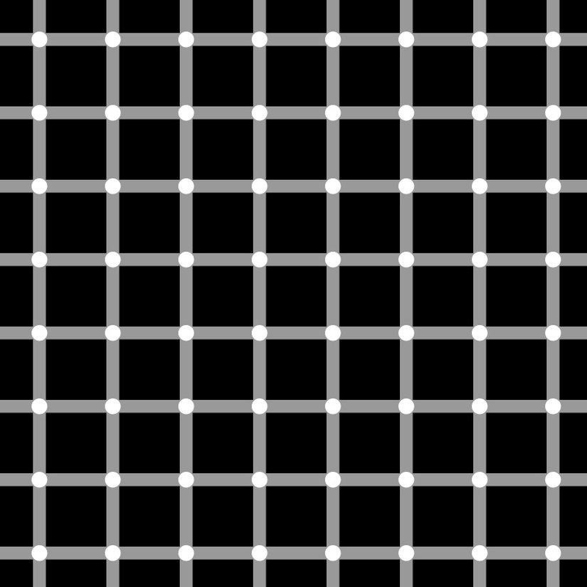 Parıltılı ızgara illüzyonu. Şekil, konum, renk ve 3D kontrast kesişme noktalarında siyah noktalar yanılsaması üretmek için birleşiyor.