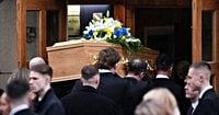 Gabby Logan's rugby star son carries Terry Yorath's coffin as Welsh anthem plays