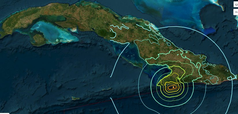 Bartolomé Masó, Küba depreminin merkez üssü ve depremin ürettiği en büyük yer ivmesinin dağılım haritası.