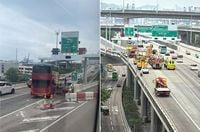 西九龍公路巴士撞水馬 至少 18 傷 往昂船洲大橋行車線暫時封閉｜Yahoo