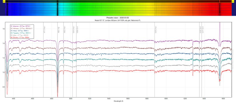 Bir amatör astronom tarafından elde edilen Pleiades'in 6 yıldızının spektrumal verileri. Yıldız spektrumları, bazı ayrıntılar dışında genel olarak çok benzerdir.