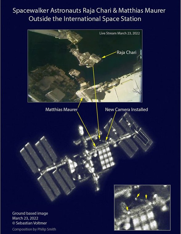 Uluslararası Uzay İstasyonu'nun bir amatör astrofotoğrafçı tarafından kaydedilmiş en net görüntülerinden birisi. Öyle ki fotoğrafta o sırada uzay yürüyüşü yapmakta olan astronotlar bile görülebiliyor!