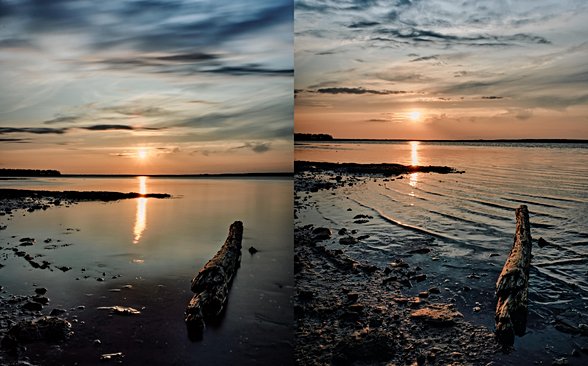 Sırasıyla uzun ve kısa pozlama fotoğraflar. Bulutlar hareketli hedeflerdir ve bu yüzden uzun pozlama sırasında bulanık çıkmaktadırlar.