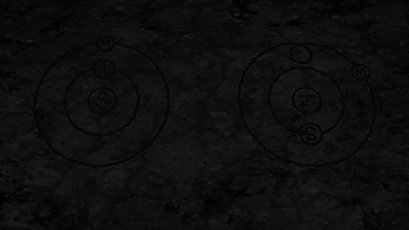 Badeni'nin çizimi ile Batlamyus modeli ve yeni evren modeli bu şekildedir. Bu çizimde ''T'' harfi Terra yani Dünya'yı temsil etmektedir.