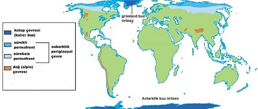 Periglasiyal bölgelerin dağılış haritası. Haritadaki yazılar, Evrim Ağacı tarafından Türkçeye çevrilmiştir.
