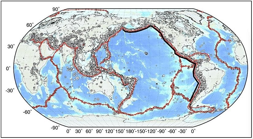 10 büyüklüğünde bir deprem yaratmak için gereken fay hattı uzunluğu siyahla gösterilmiştir.